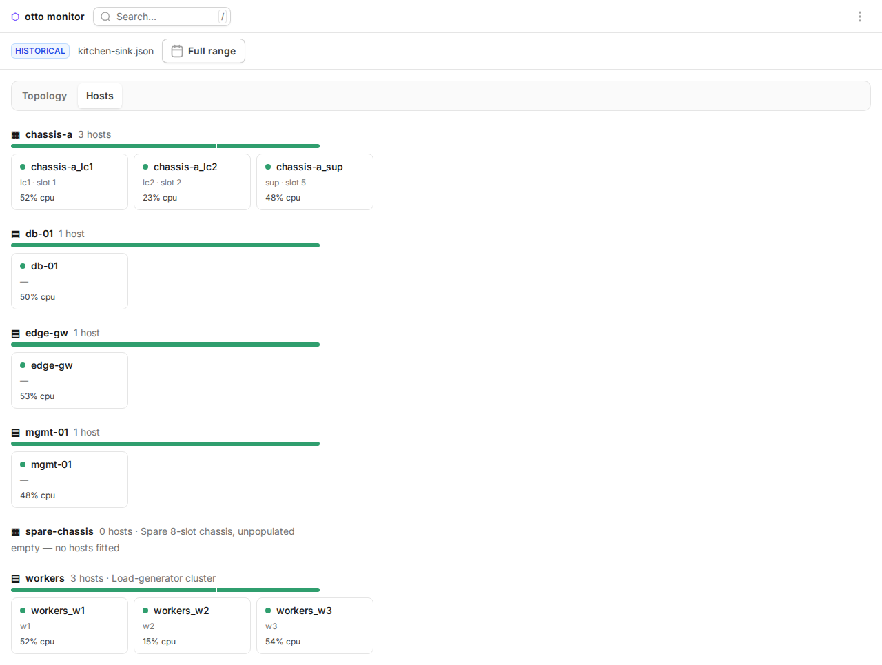 The review dashboard's fleet grid: element-grouped host tiles with astatus dot, a health-rollup bar per element, and a labeled headlinemetric