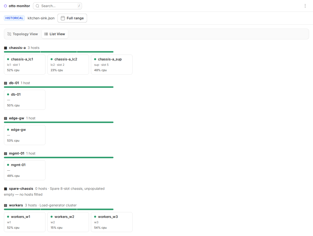 The review dashboard's fleet grid: element-grouped host tiles with astatus dot, a health-rollup bar per element, and a labeled headlinemetric